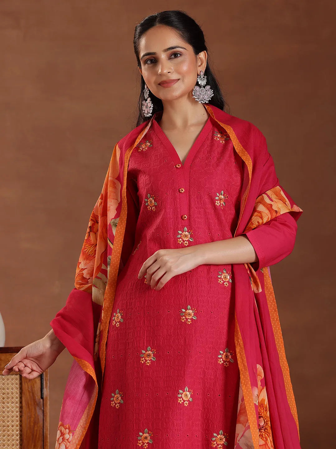 Mameraa Pink Embroidered Cotton Straight Suit With Dupatta