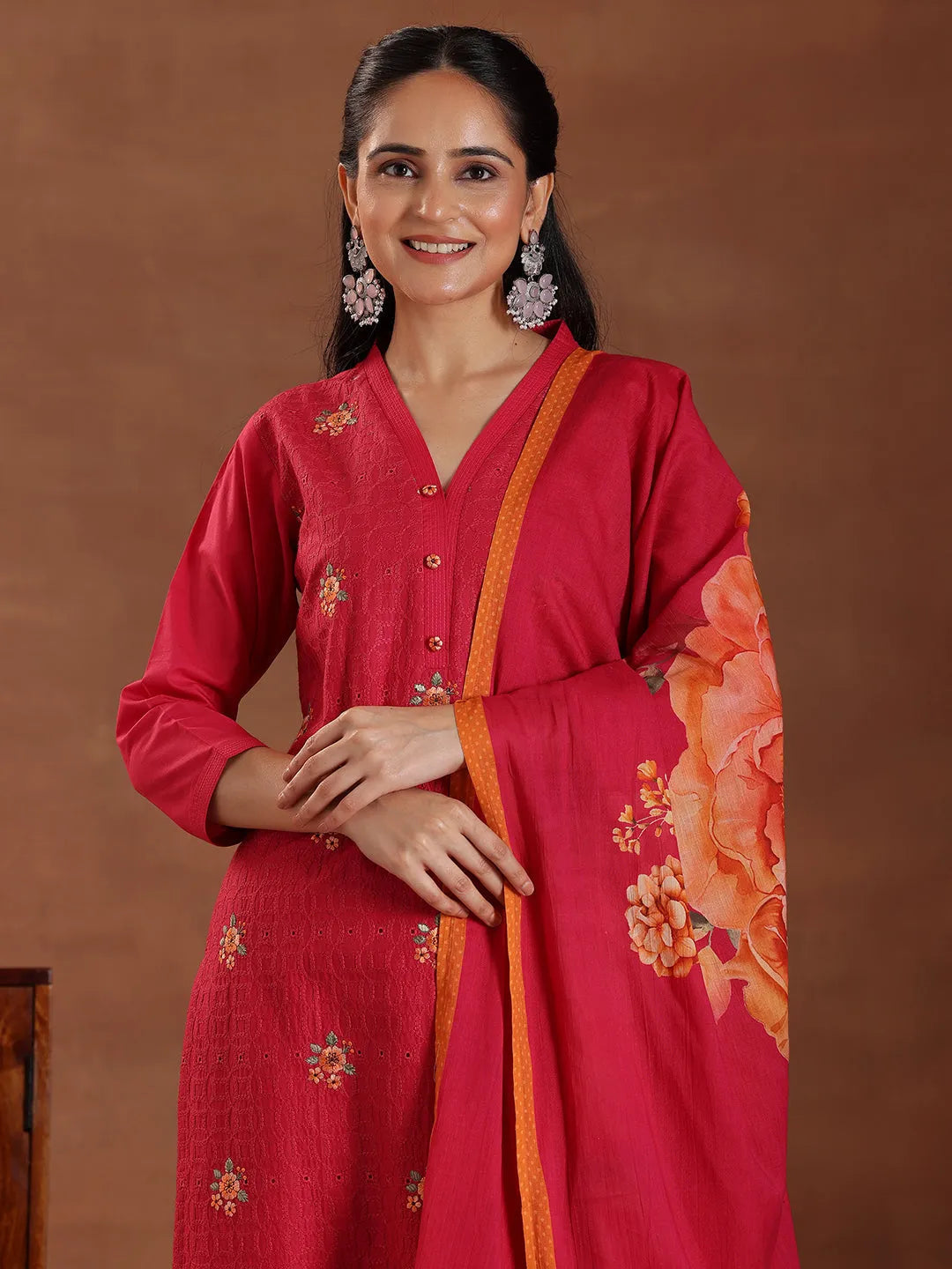 Mameraa Pink Embroidered Cotton Straight Suit With Dupatta