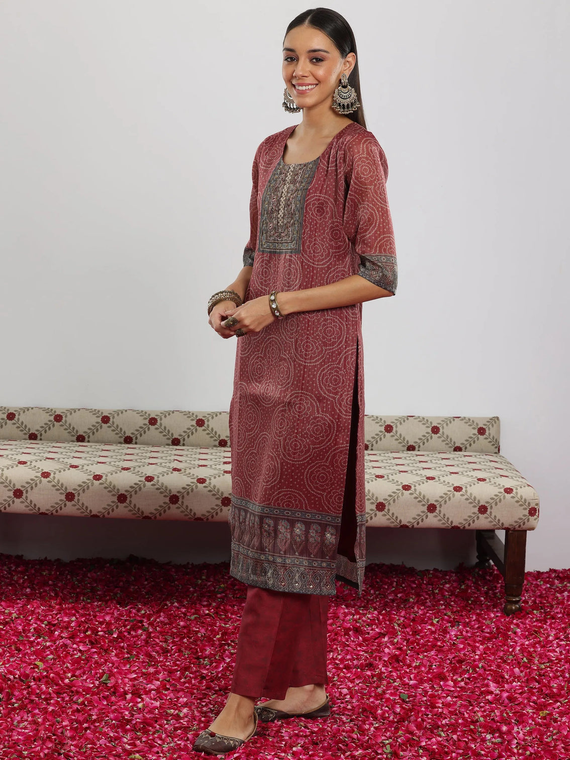Mameraa Maroon Printed Silk Blend Straight Suit With Dupatta