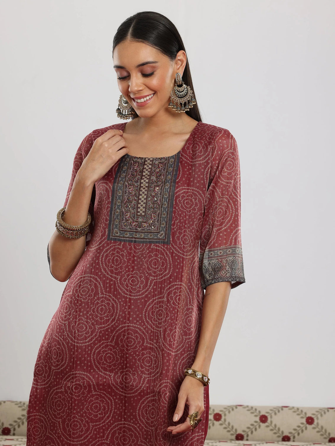 Mameraa Maroon Printed Silk Blend Straight Suit With Dupatta