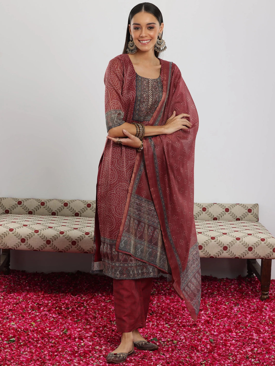 Mameraa Maroon Printed Silk Blend Straight Suit With Dupatta