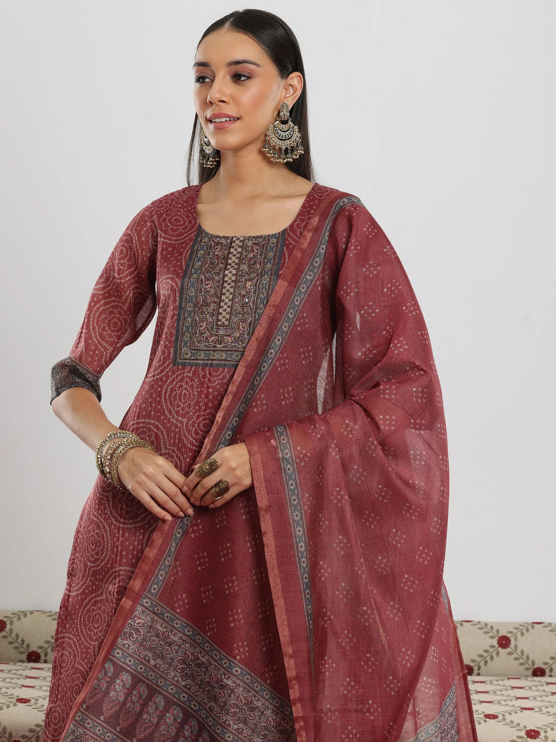 Mameraa Maroon Printed Silk Blend Straight Suit With Dupatta