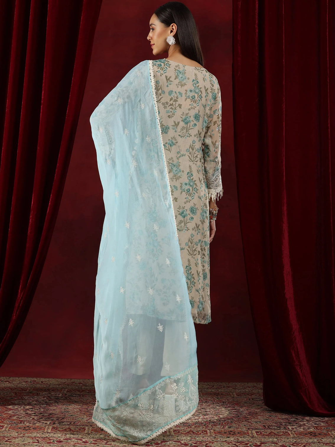 Mameraa Art Beige Printed Organza Straight Suit With Dupatta