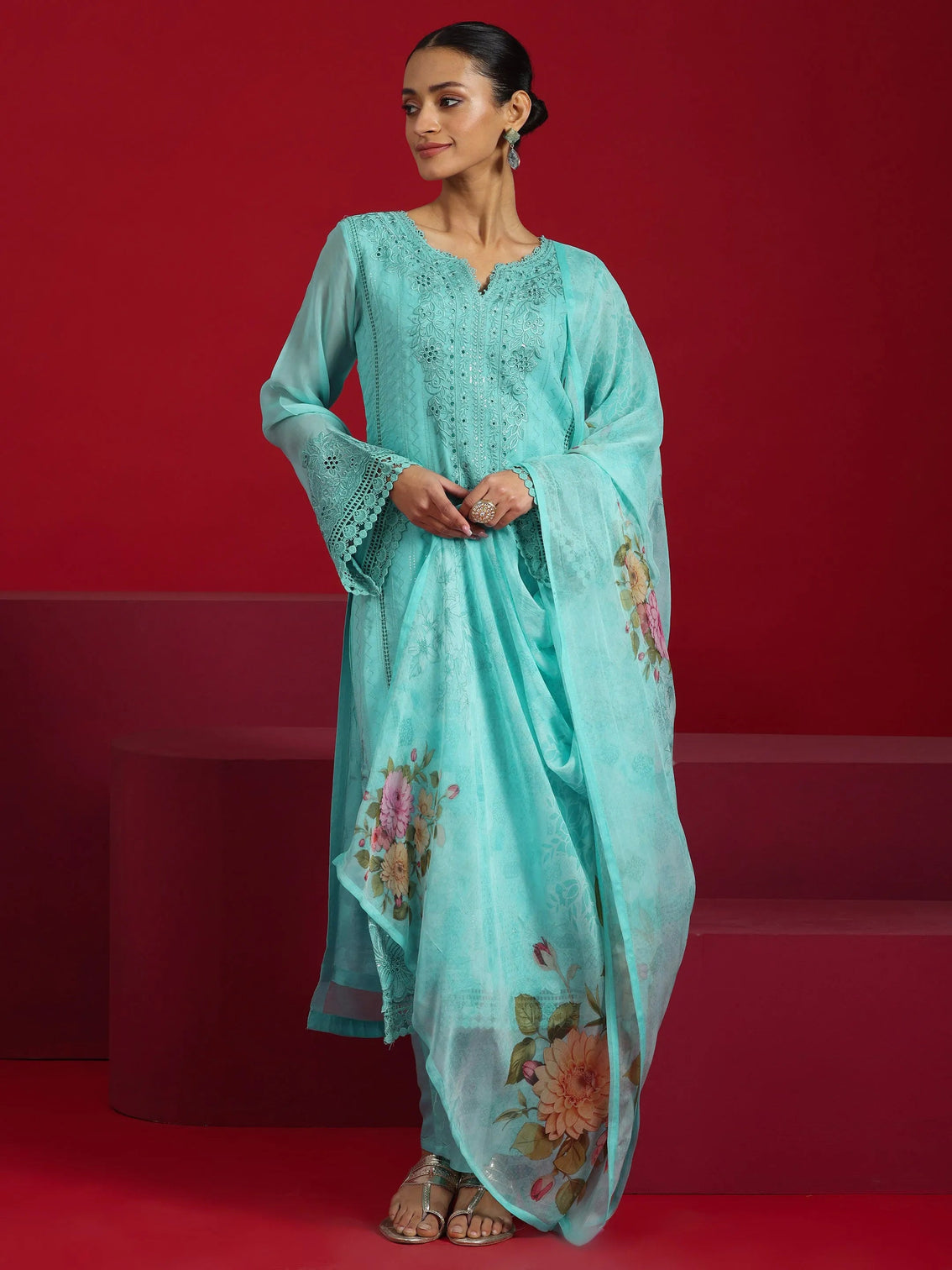 Mameraa Art Turquoise Blue Embroidered Organza Straight Suit With Dupatta