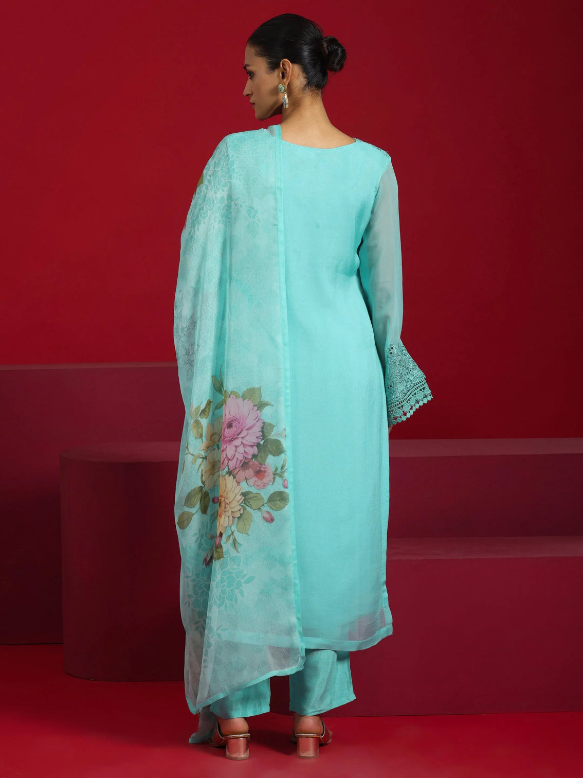 Mameraa Art Turquoise Blue Embroidered Organza Straight Suit With Dupatta