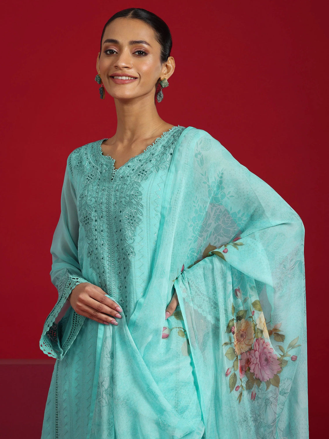 Mameraa Art Turquoise Blue Embroidered Organza Straight Suit With Dupatta
