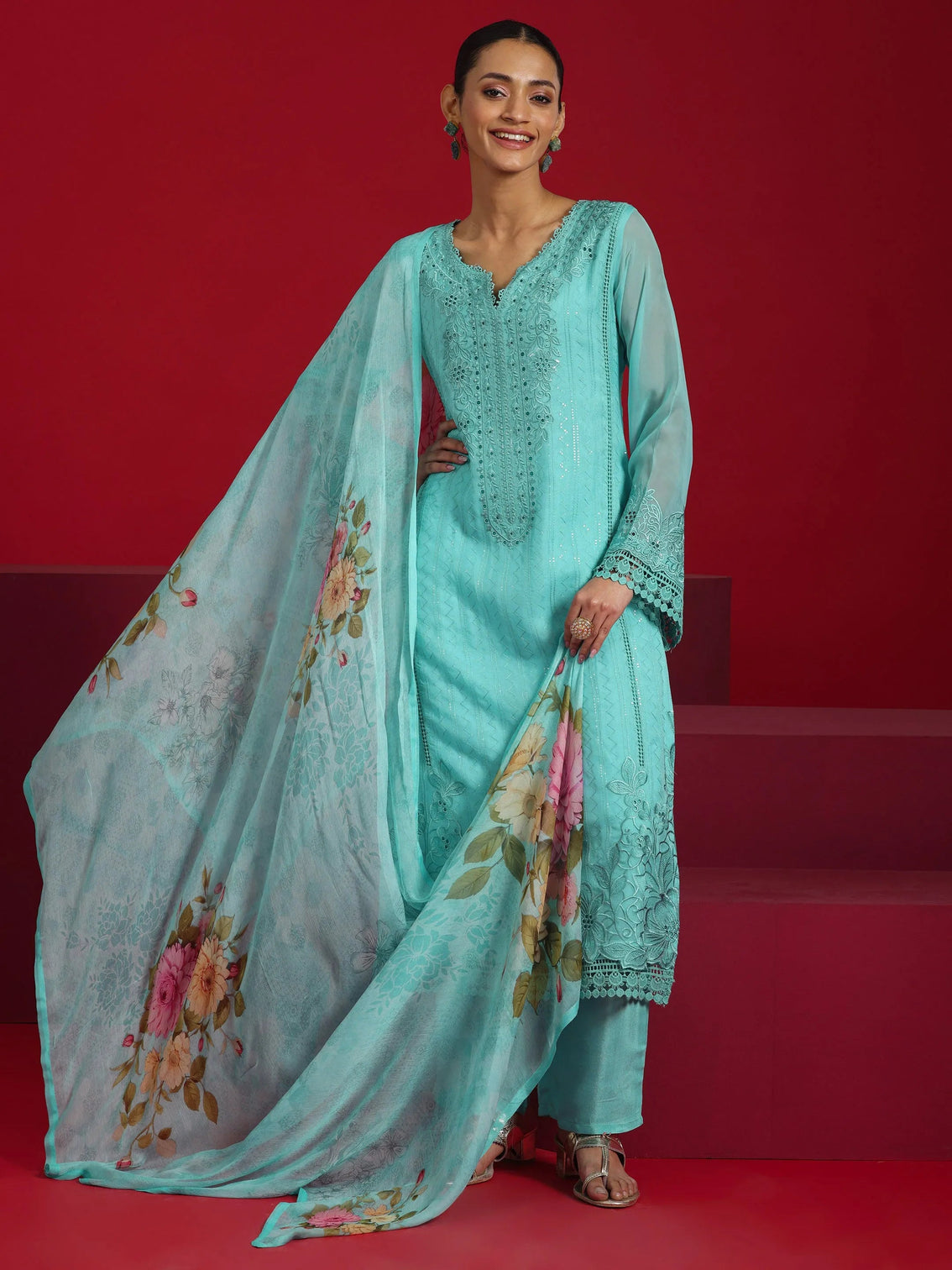 Mameraa Art Turquoise Blue Embroidered Organza Straight Suit With Dupatta