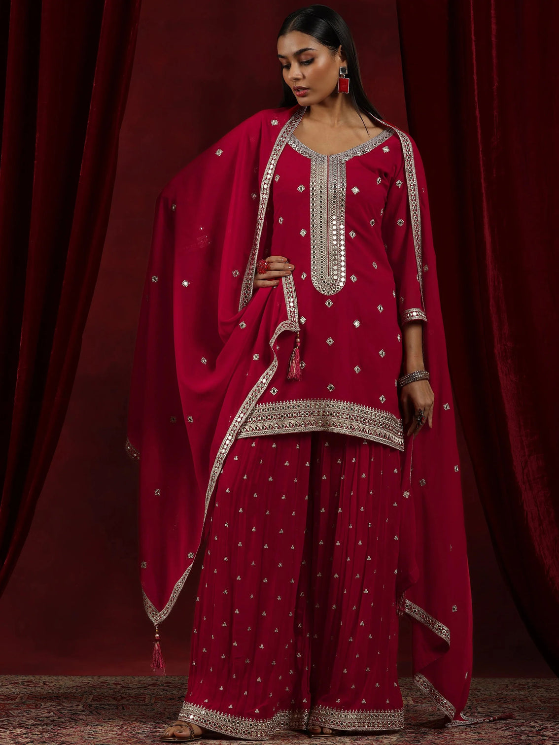 Mameraa Surkh Red Embroidered Georgette Straight Suit With Dupatta