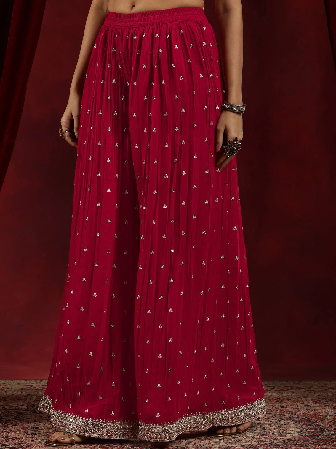 Mameraa Surkh Red Embroidered Georgette Straight Suit With Dupatta
