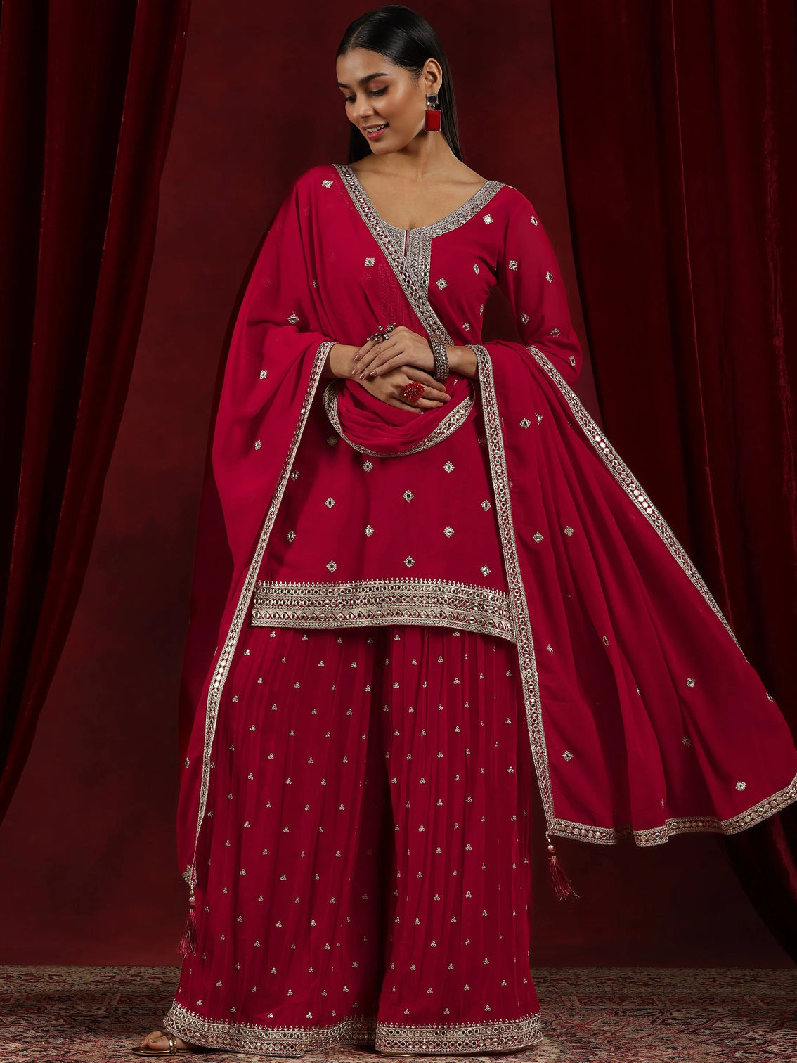 Mameraa Surkh Red Embroidered Georgette Straight Suit With Dupatta