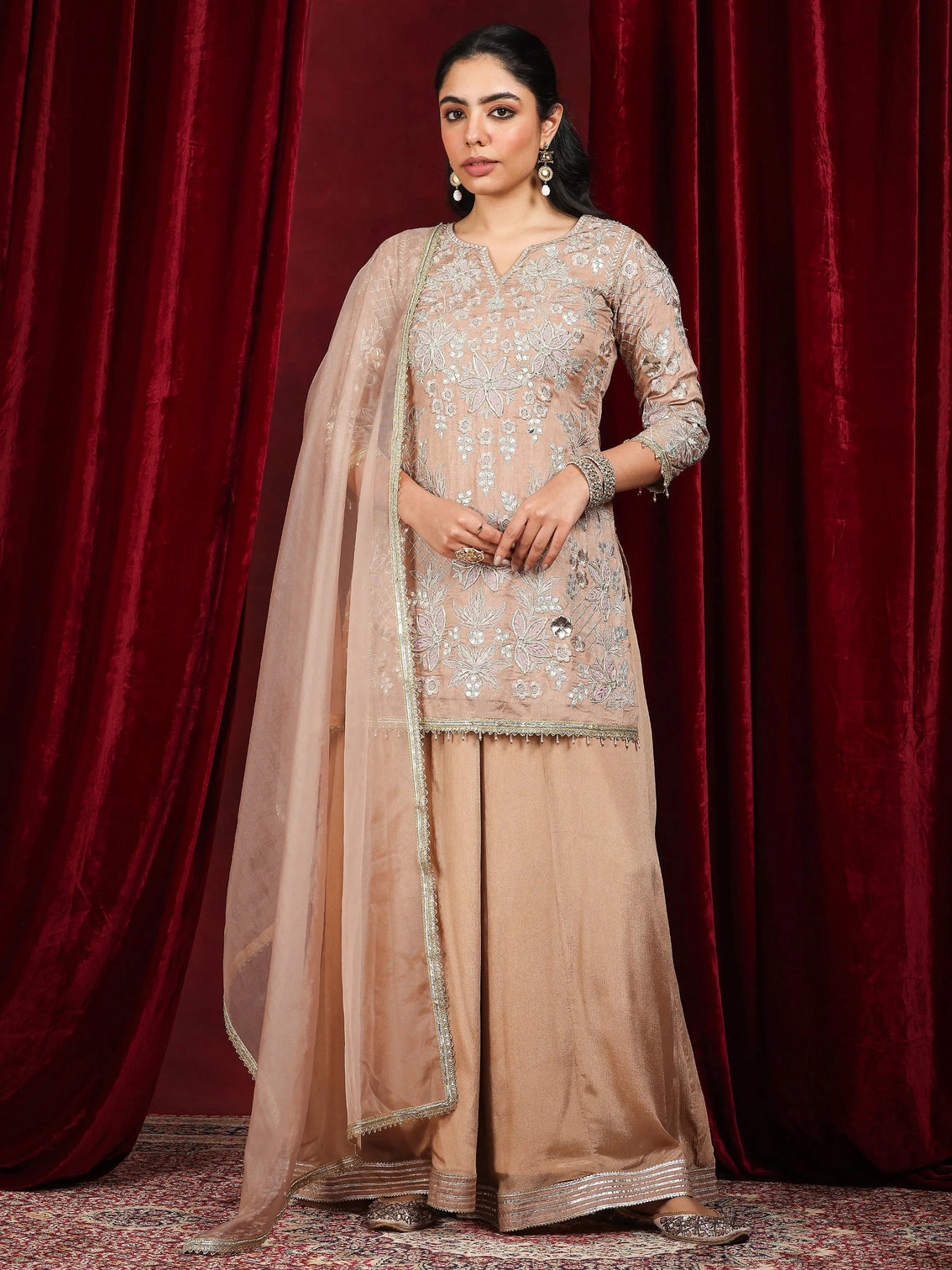 Mameraa Art Nude Embroidered Silk Blend Straight Suit With Dupatta