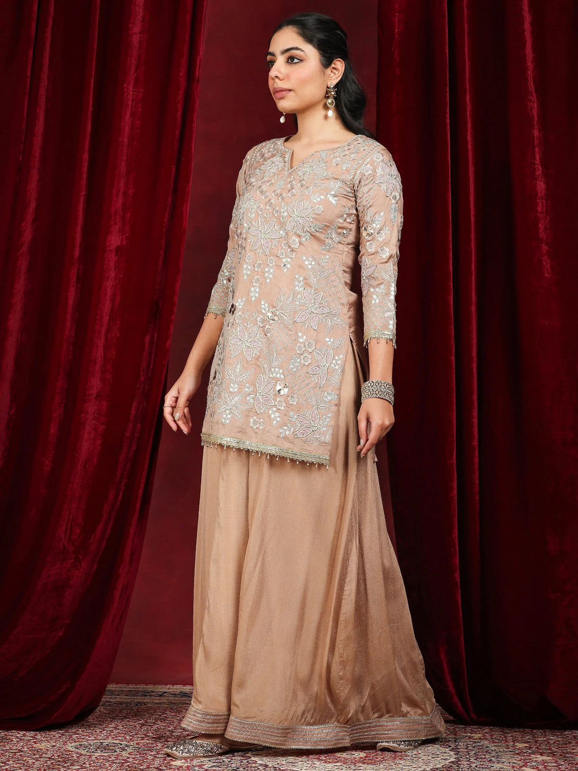 Mameraa Art Nude Embroidered Silk Blend Straight Suit With Dupatta