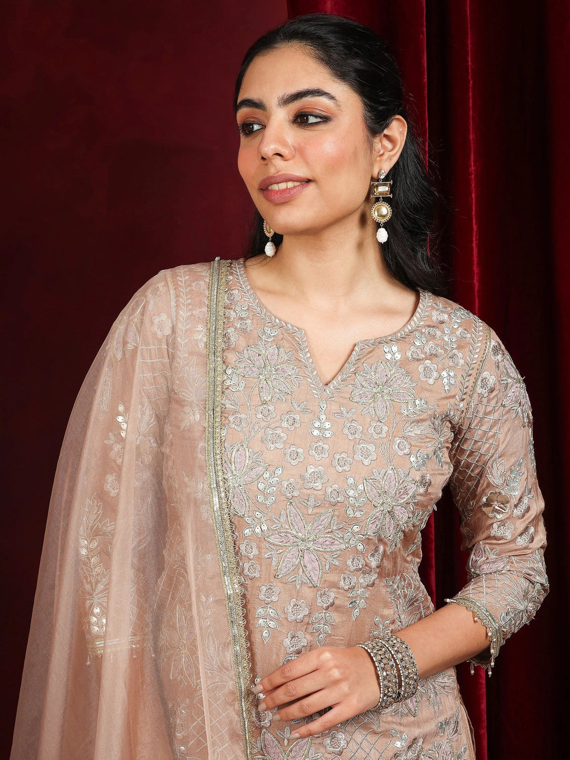 Mameraa Art Nude Embroidered Silk Blend Straight Suit With Dupatta