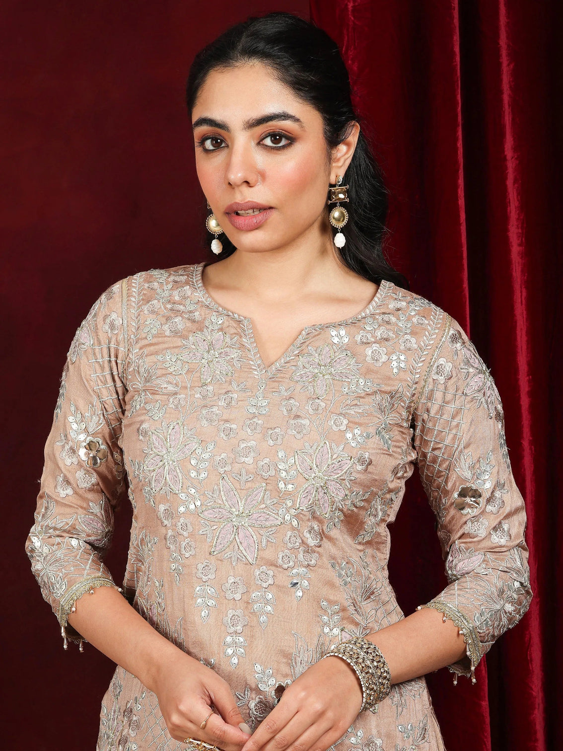 Mameraa Art Nude Embroidered Silk Blend Straight Suit With Dupatta