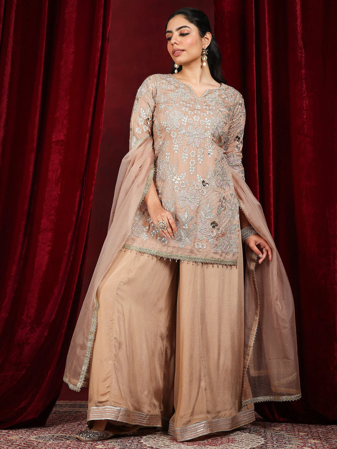 Mameraa Art Nude Embroidered Silk Blend Straight Suit With Dupatta