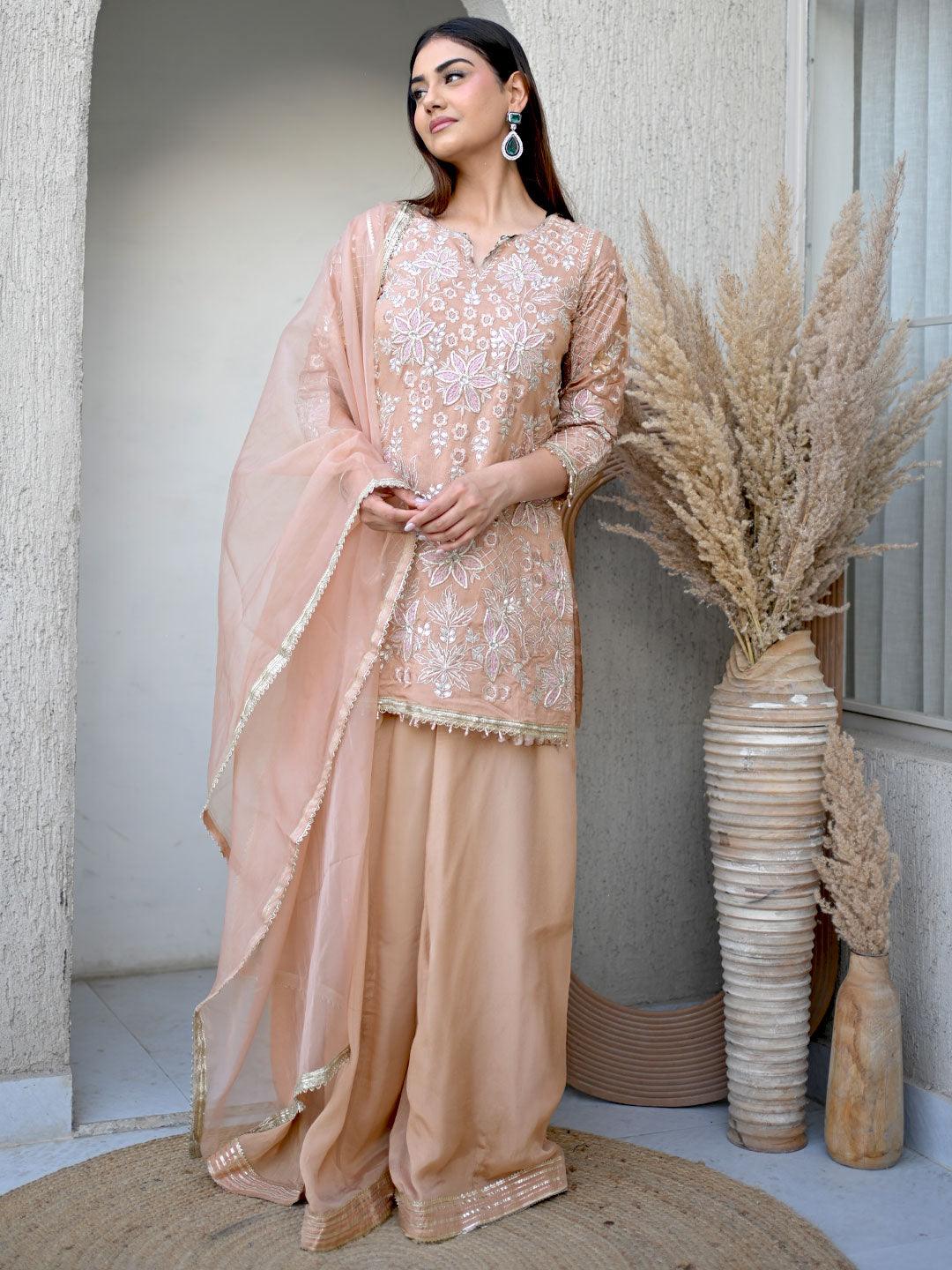 Mameraa Art Nude Embroidered Silk Blend Straight Suit With Dupatta