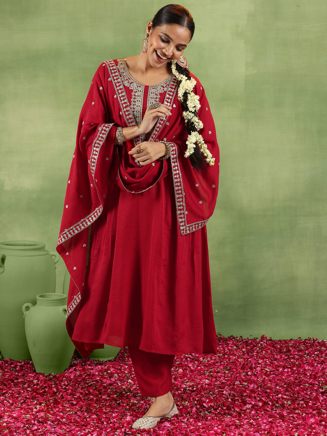 Mameraa Red Yoke Design Silk Blend Anarkali Suit With Dupatta