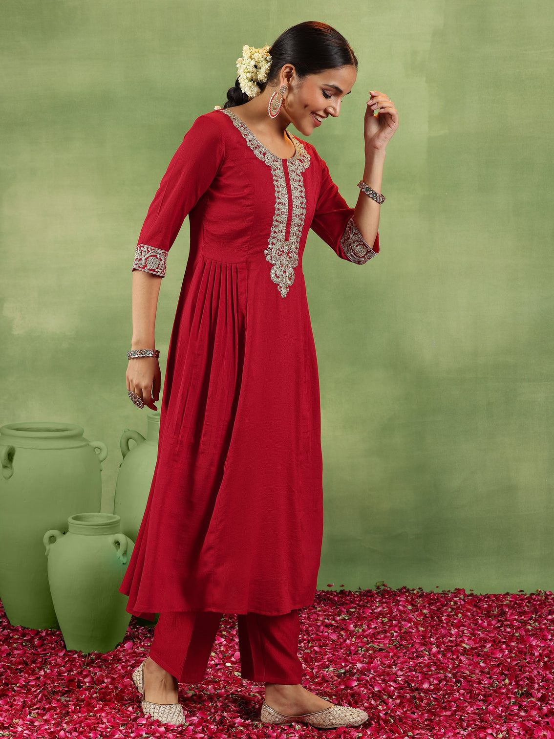 Mameraa Red Yoke Design Silk Blend Anarkali Suit With Dupatta