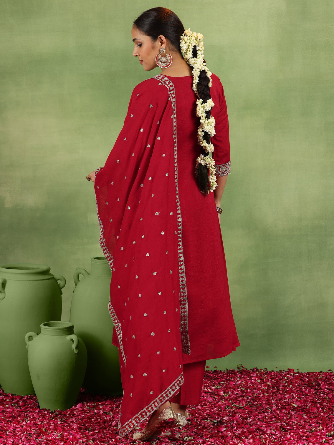 Mameraa Red Yoke Design Silk Blend Anarkali Suit With Dupatta