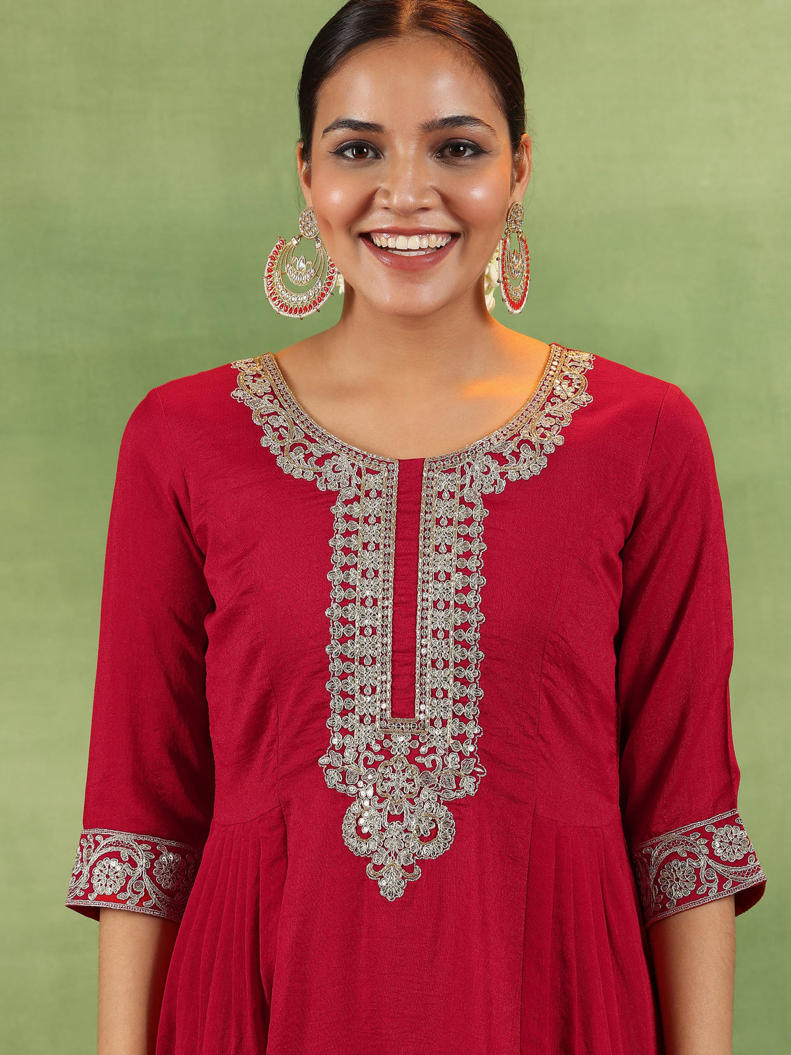 Mameraa Red Yoke Design Silk Blend Anarkali Suit With Dupatta