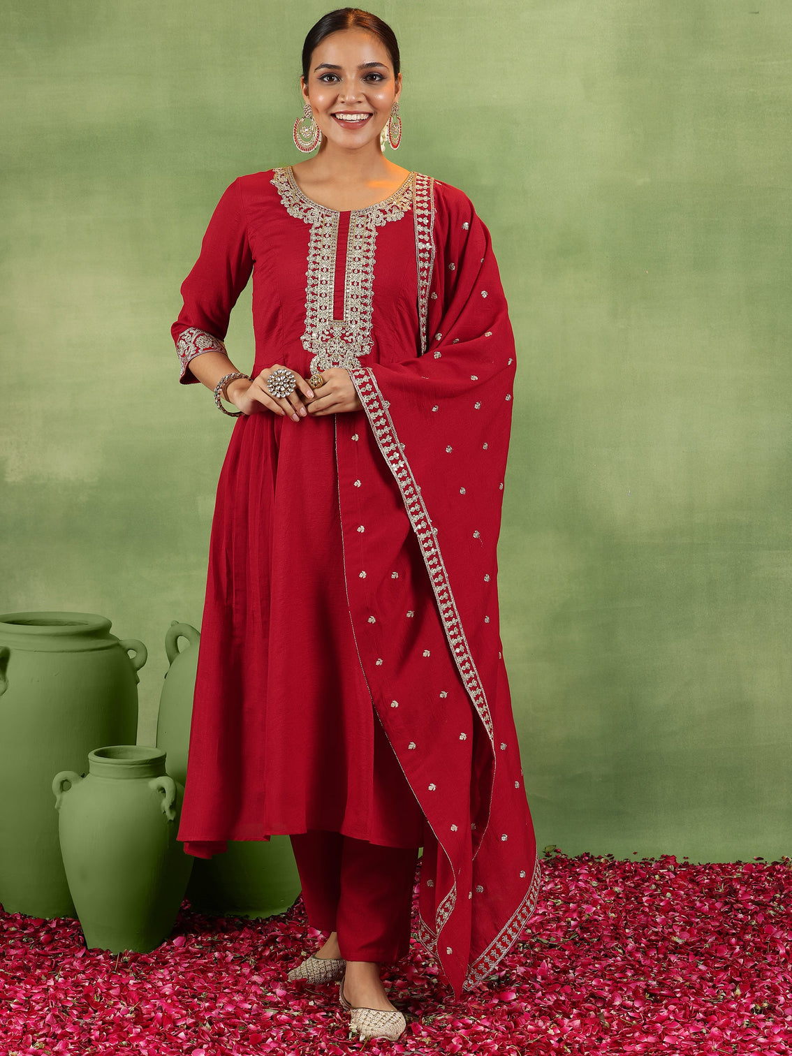 Mameraa Red Yoke Design Silk Blend Anarkali Suit With Dupatta