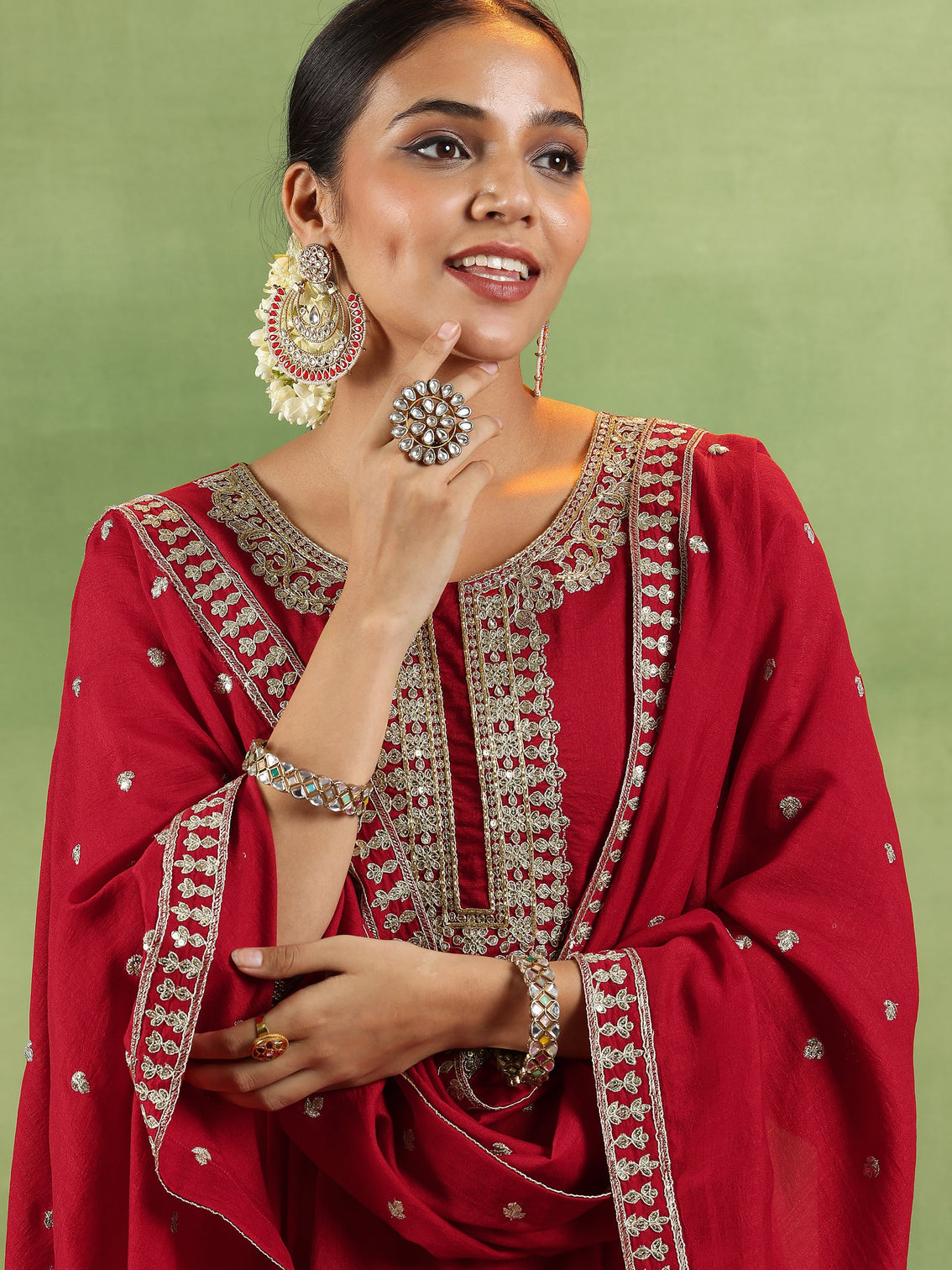 Mameraa Red Yoke Design Silk Blend Anarkali Suit With Dupatta