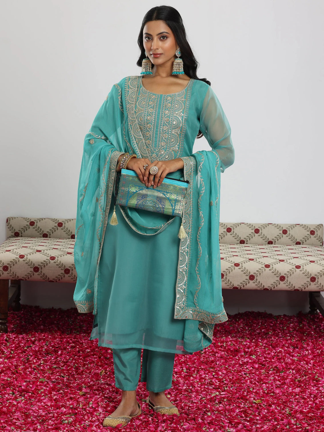 Mameraa Sea Green Yoke Design Organza Straight Suit With Dupatta