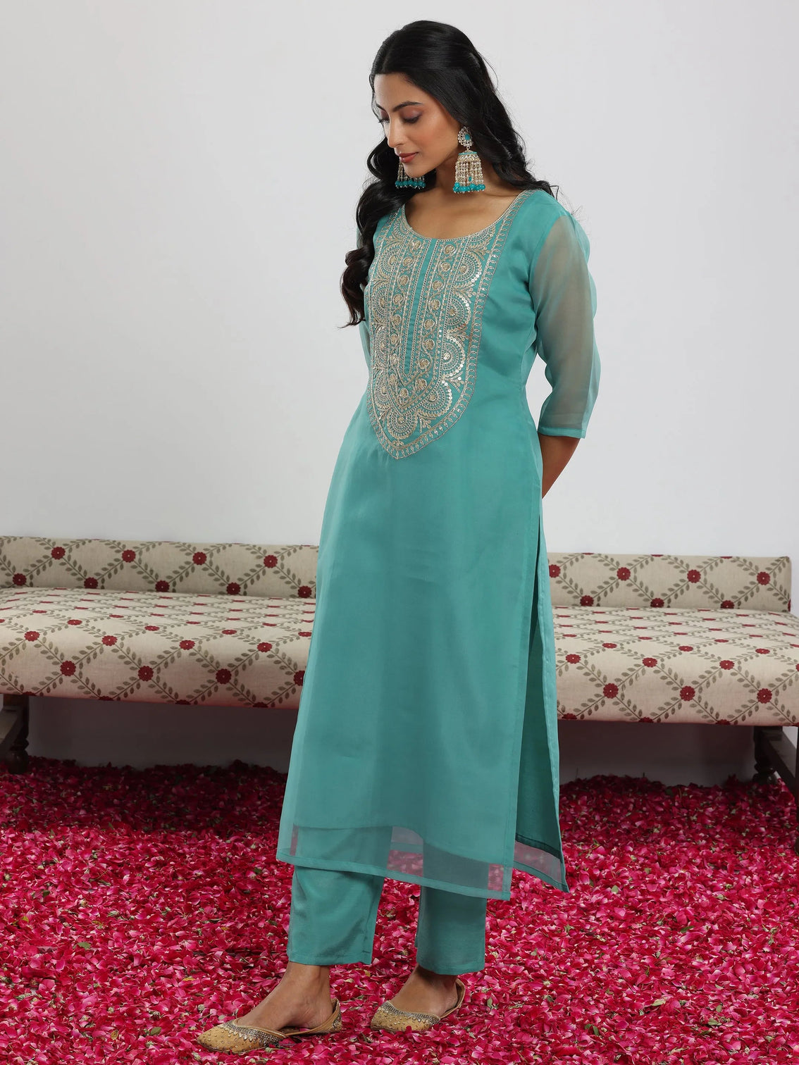 Mameraa Sea Green Yoke Design Organza Straight Suit With Dupatta