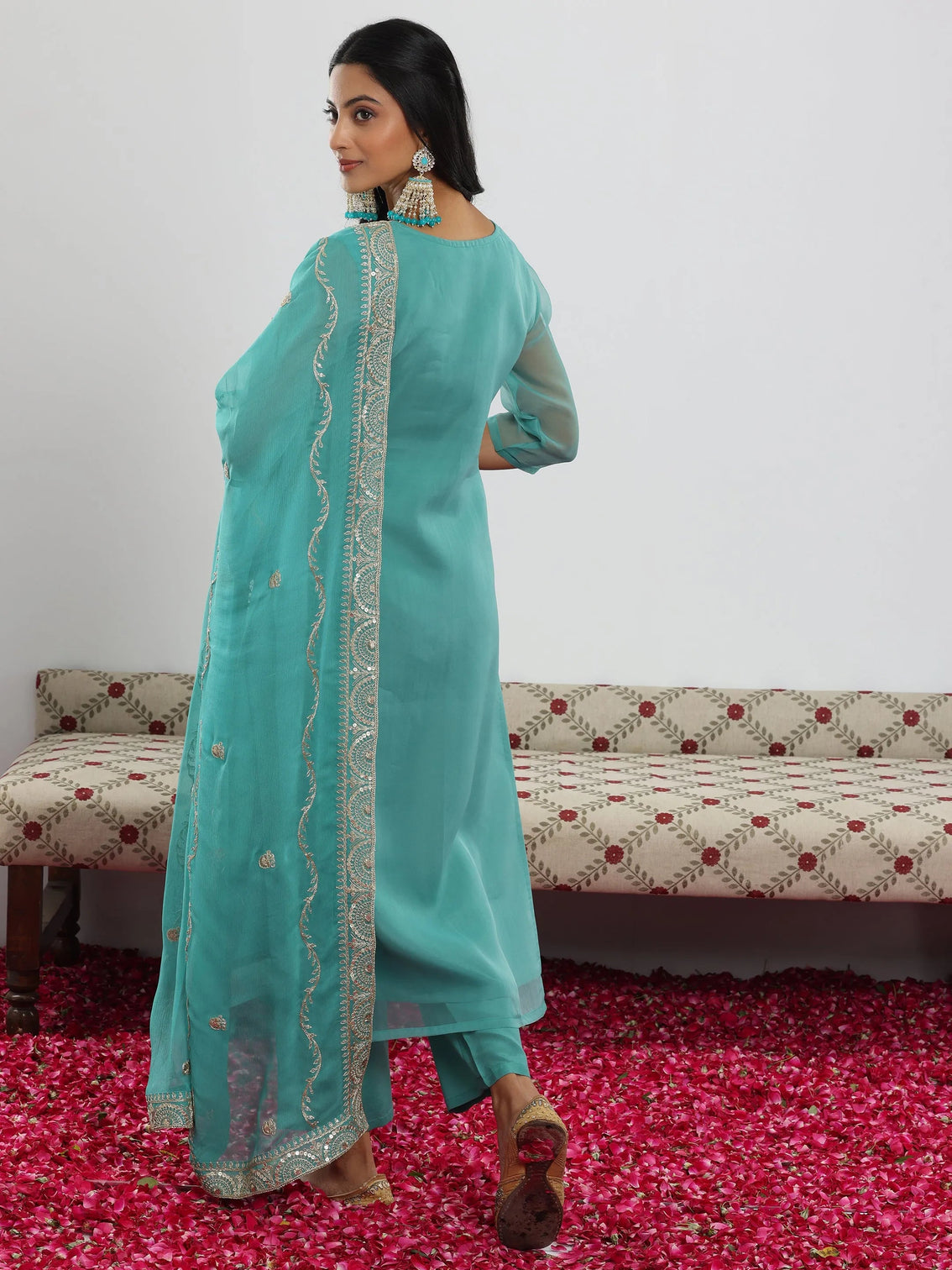 Mameraa Sea Green Yoke Design Organza Straight Suit With Dupatta