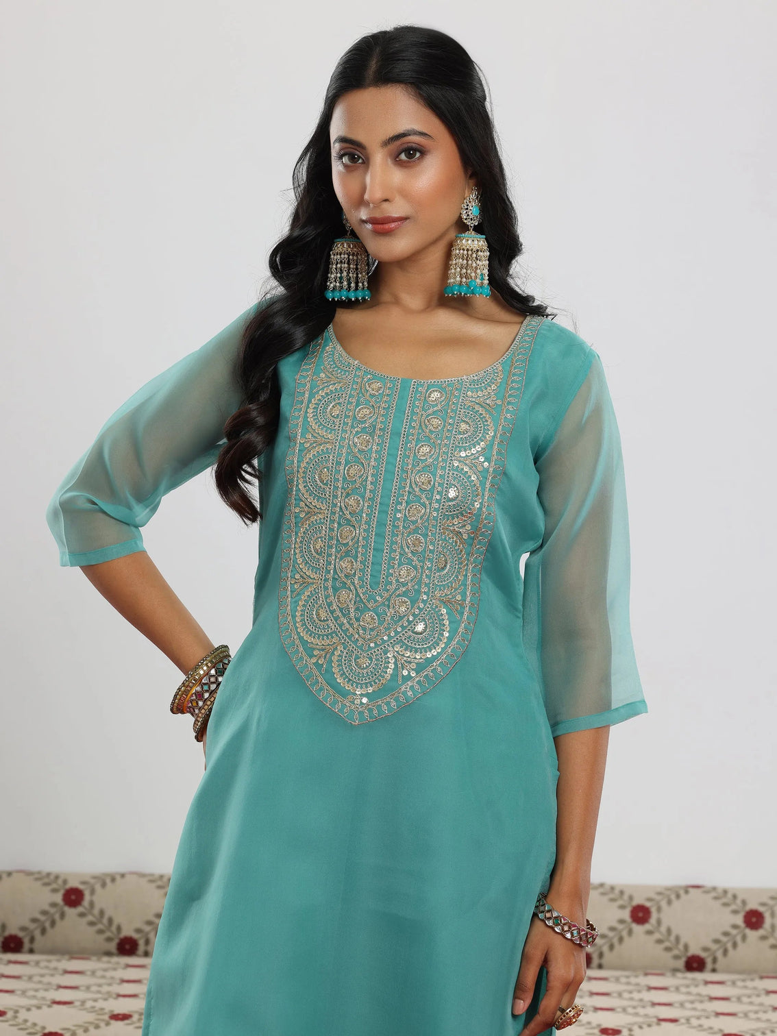 Mameraa Sea Green Yoke Design Organza Straight Suit With Dupatta