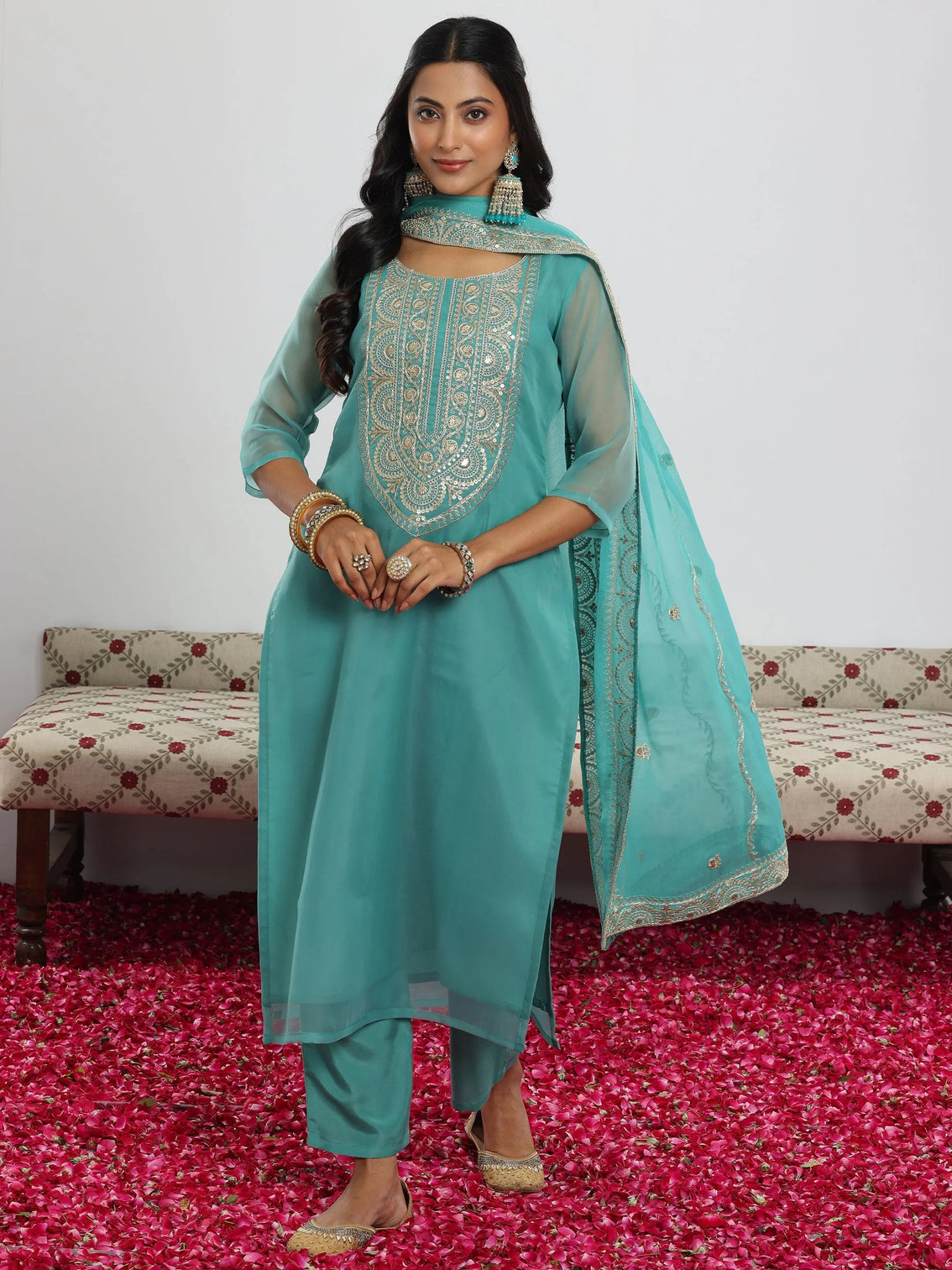 Mameraa Sea Green Yoke Design Organza Straight Suit With Dupatta