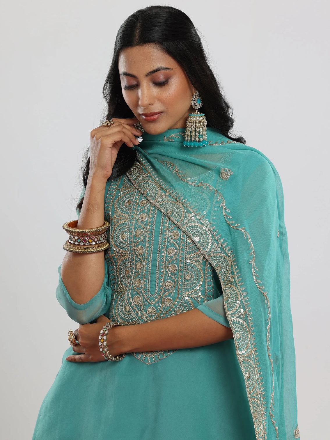 Mameraa Sea Green Yoke Design Organza Straight Suit With Dupatta