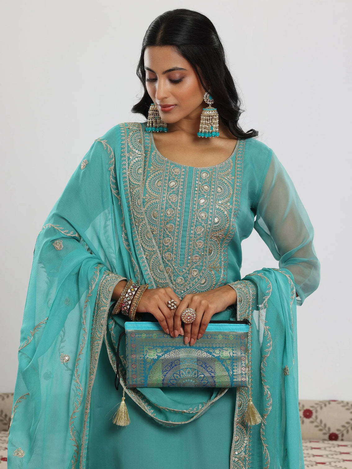 Mameraa Sea Green Yoke Design Organza Straight Suit With Dupatta