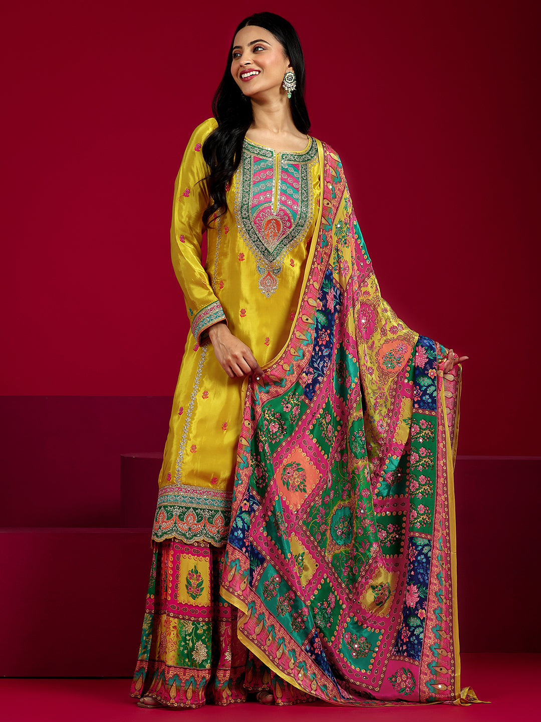 Mameraa Art Mustard Embroidered Silk Blend Straight Sharara Suit Set With Dupatta