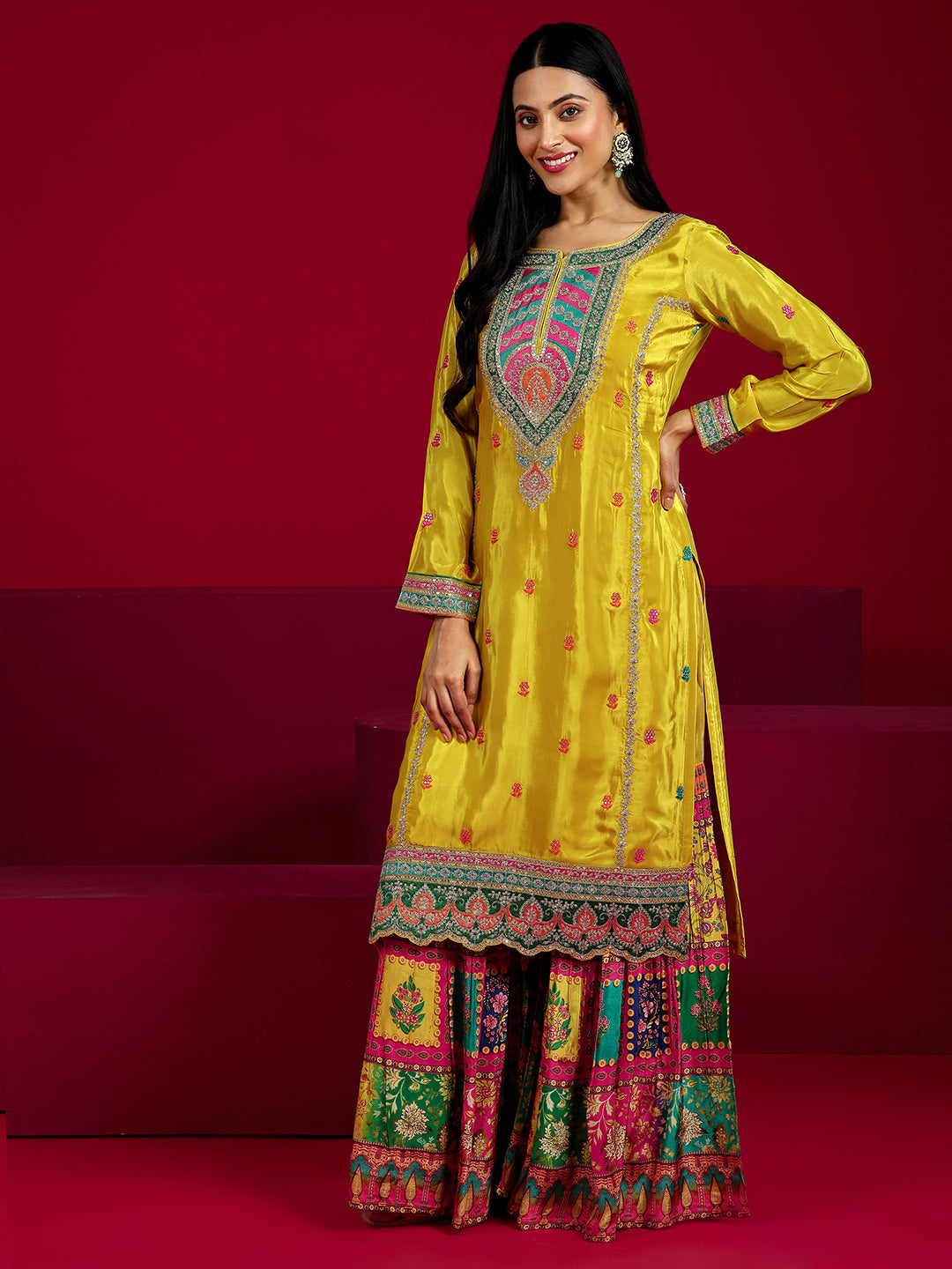 Mameraa Art Mustard Embroidered Silk Blend Straight Sharara Suit Set With Dupatta