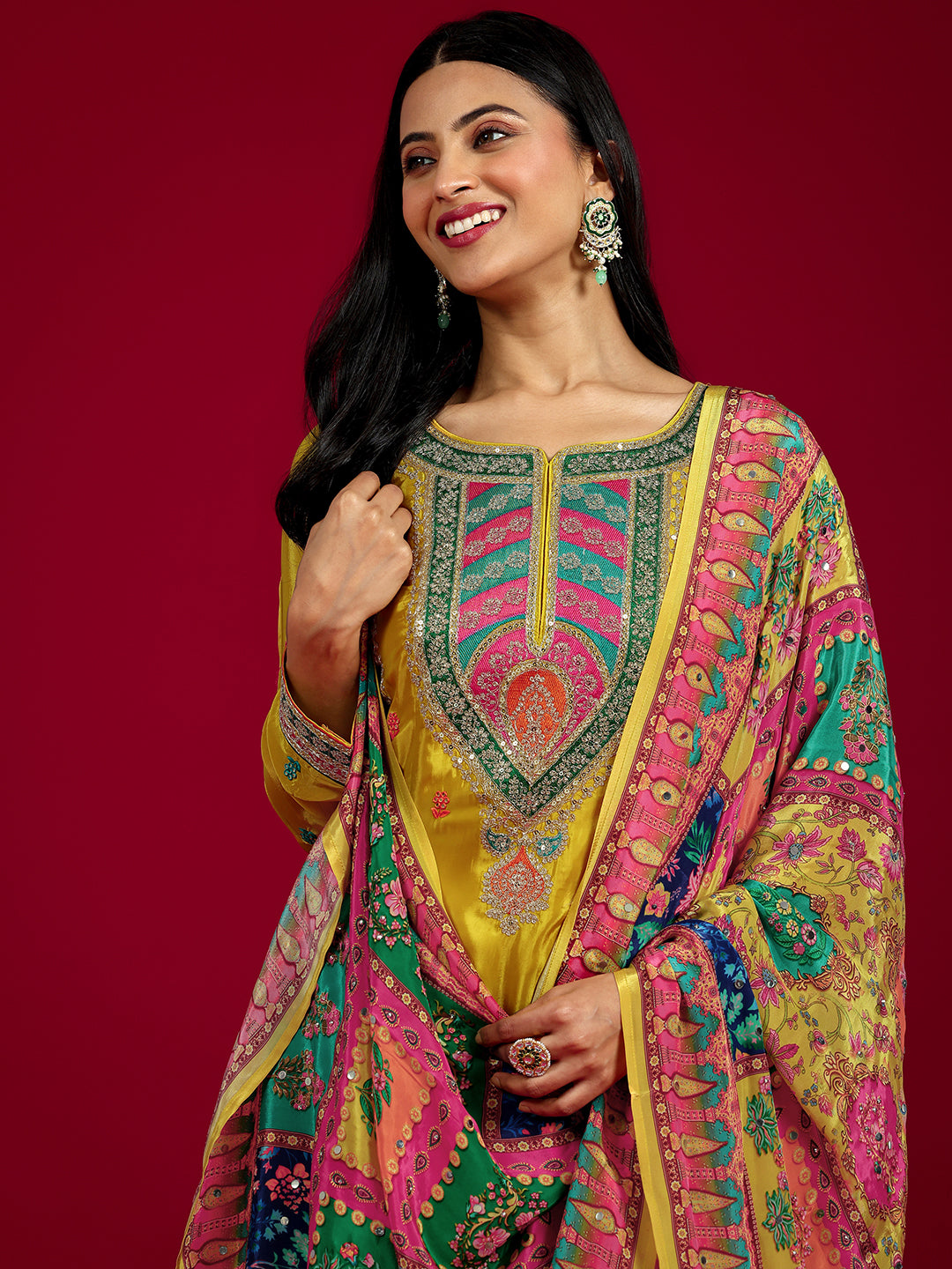 Mameraa Art Mustard Embroidered Silk Blend Straight Sharara Suit Set With Dupatta