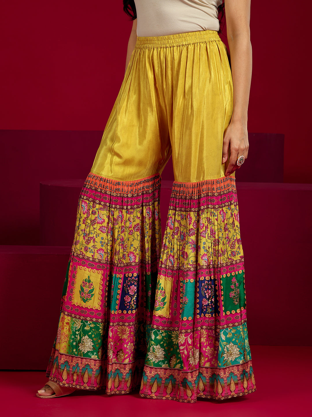 Mameraa Art Mustard Embroidered Silk Blend Straight Sharara Suit Set With Dupatta