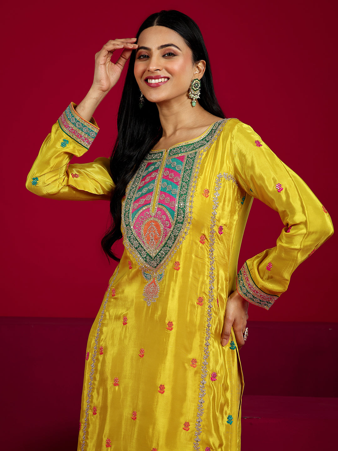 Mameraa Art Mustard Embroidered Silk Blend Straight Sharara Suit Set With Dupatta