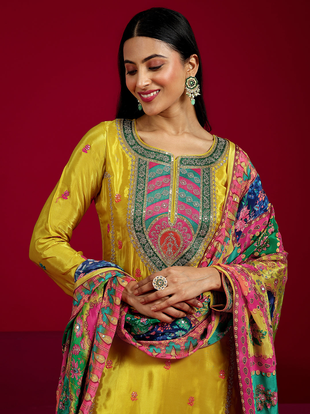Mameraa Art Mustard Embroidered Silk Blend Straight Sharara Suit Set With Dupatta