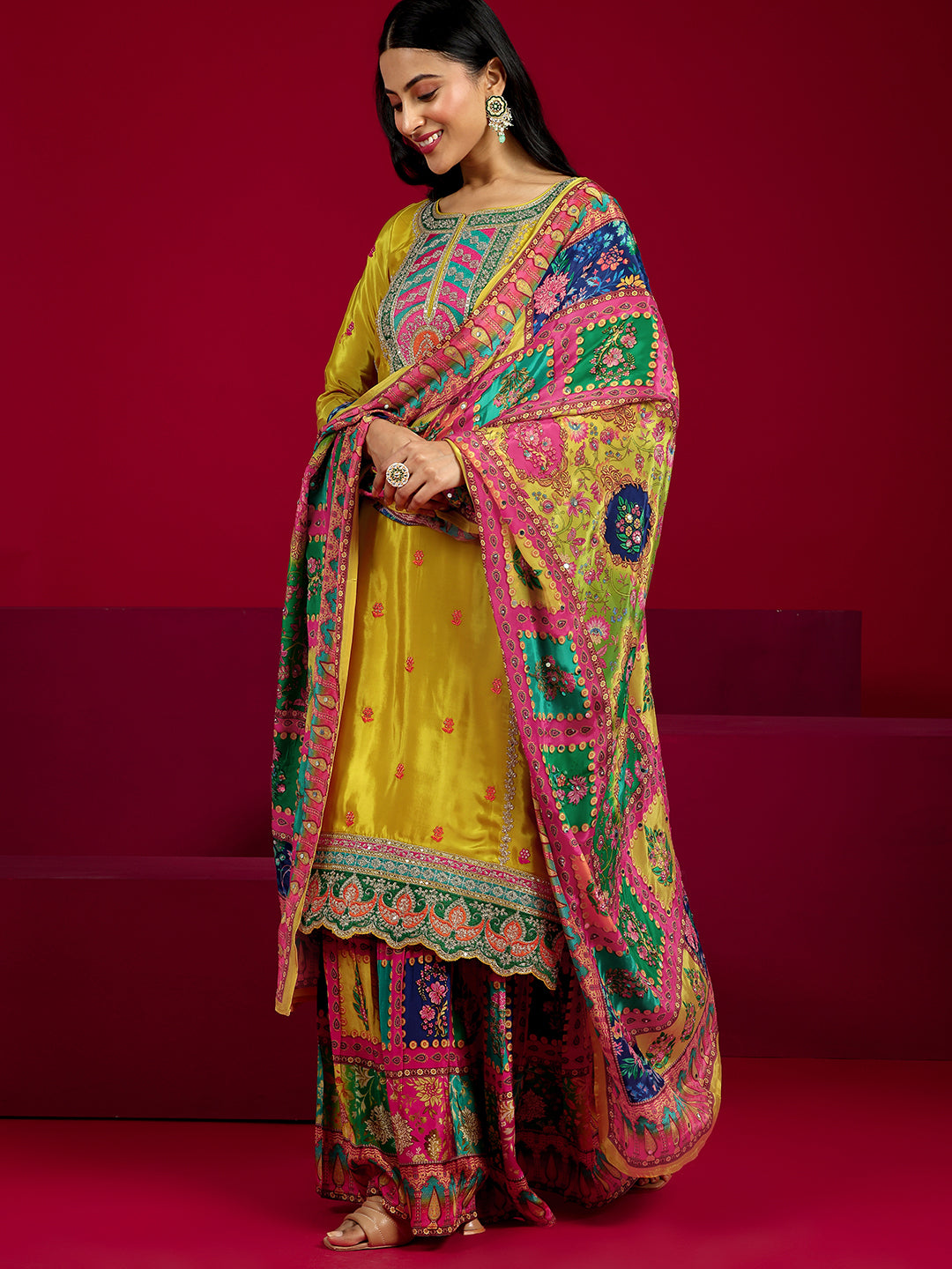 Mameraa Art Mustard Embroidered Silk Blend Straight Sharara Suit Set With Dupatta