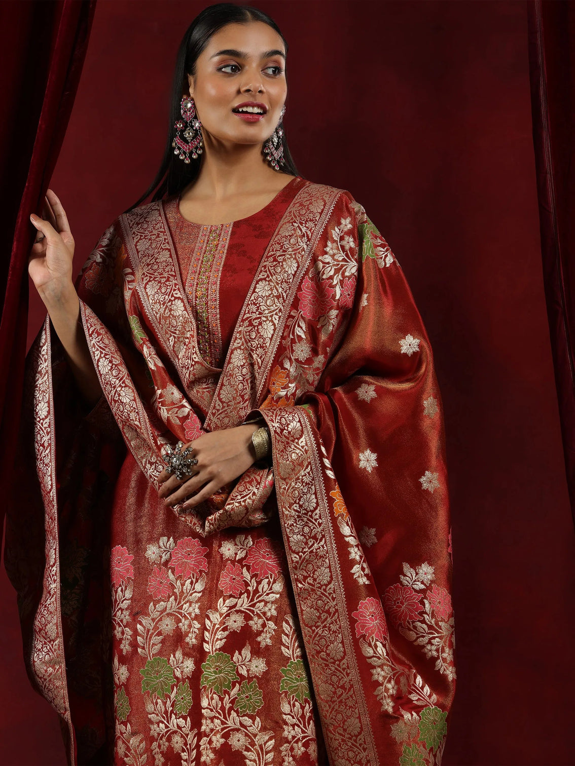 Mameraa Art Rust Woven Design Silk Blend Straight Suit With Dupatta