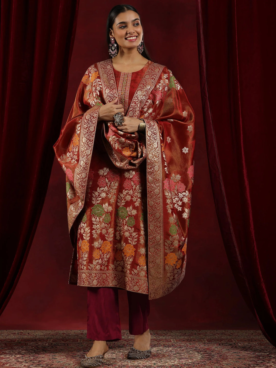 Mameraa Art Rust Woven Design Silk Blend Straight Suit With Dupatta