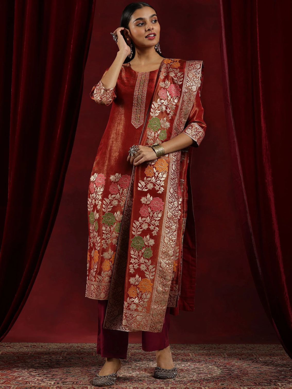 Mameraa Art Rust Woven Design Silk Blend Straight Suit With Dupatta