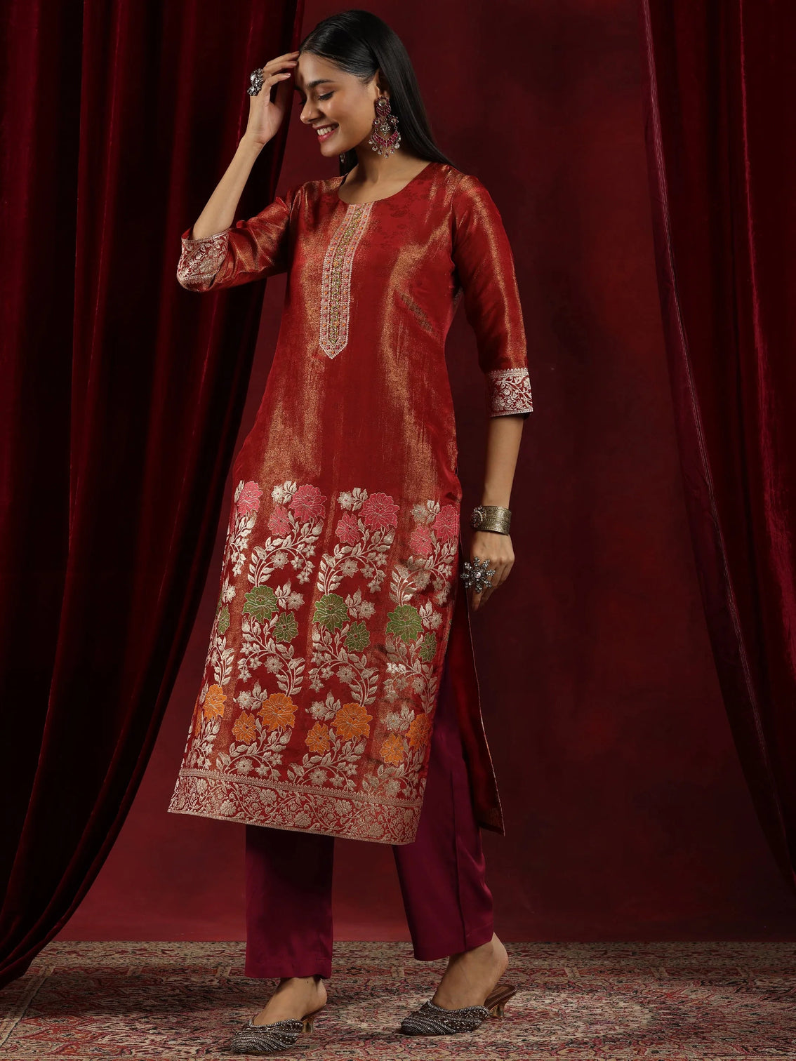 Mameraa Art Rust Woven Design Silk Blend Straight Suit With Dupatta