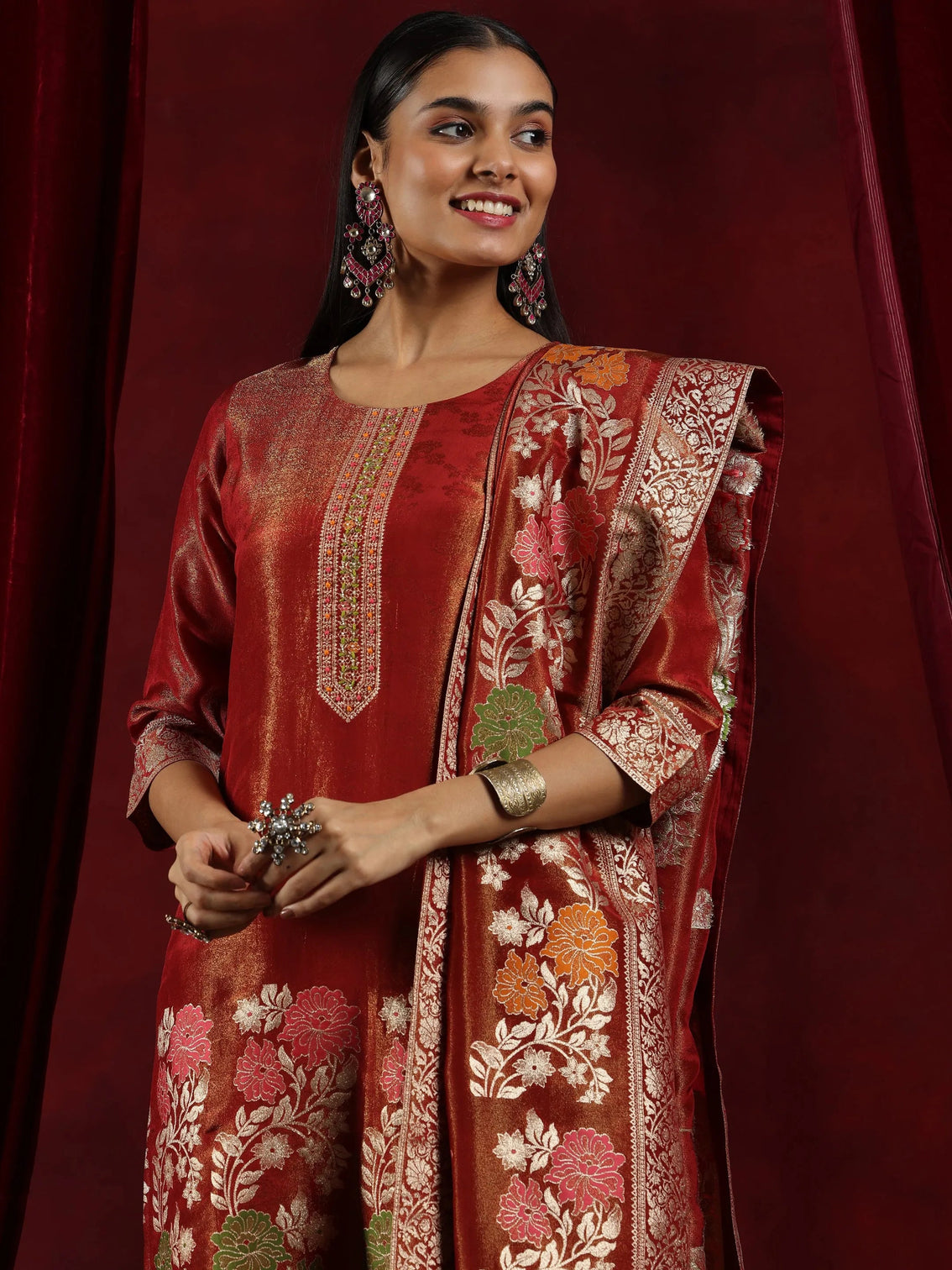 Mameraa Art Rust Woven Design Silk Blend Straight Suit With Dupatta