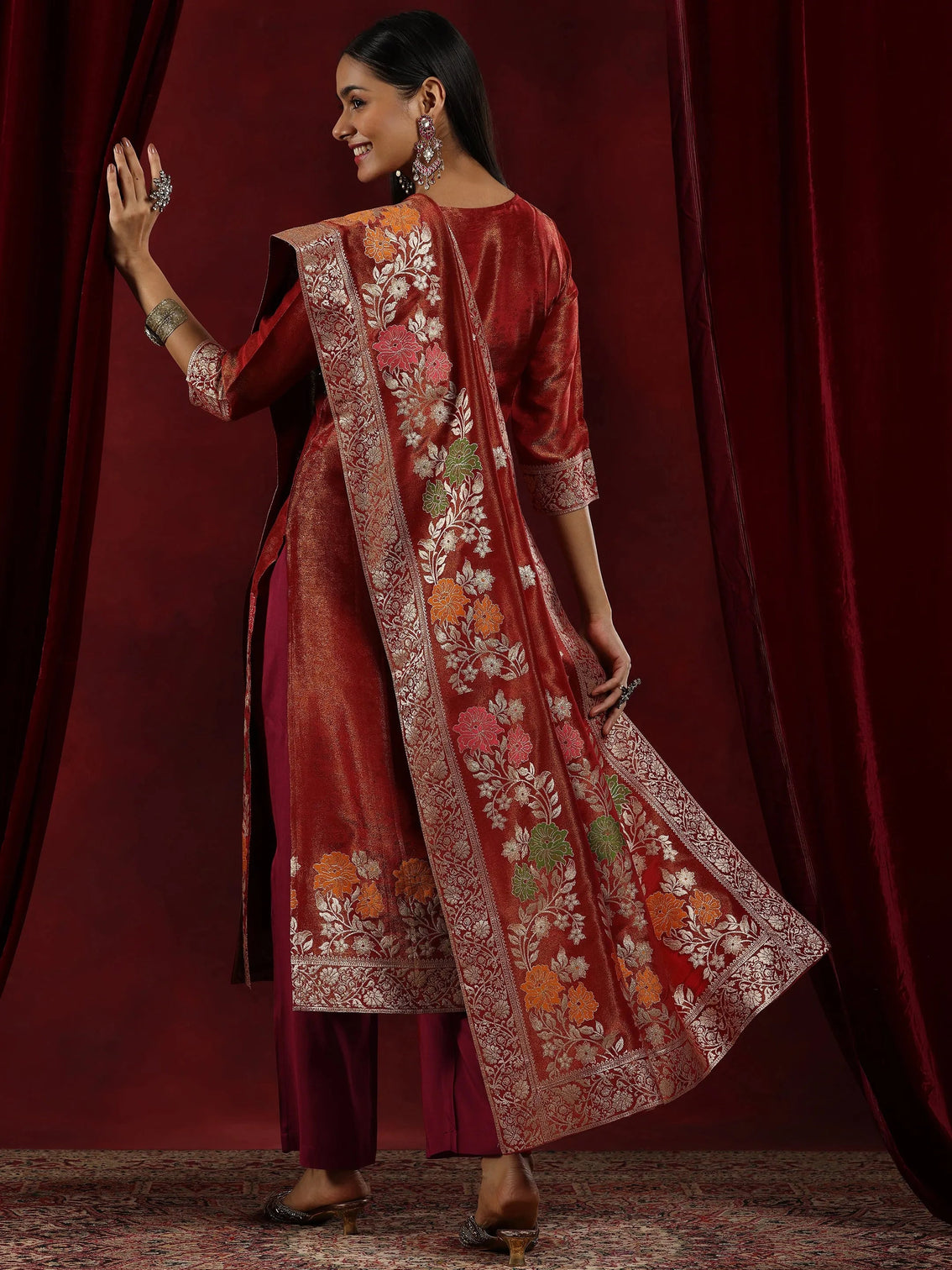 Mameraa Art Rust Woven Design Silk Blend Straight Suit With Dupatta