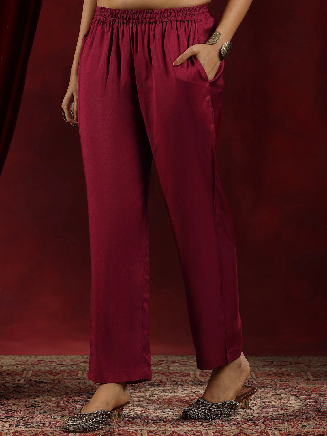 Mameraa Art Rust Woven Design Silk Blend Straight Suit With Dupatta