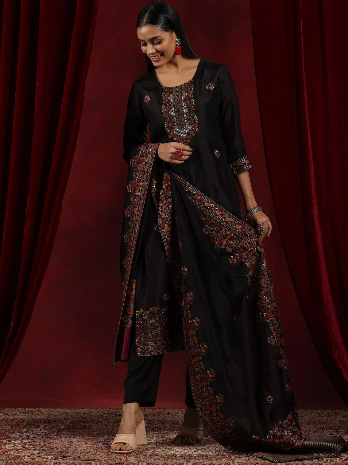 Mameraa Art Black Woven Design Silk Blend Straight Suit With Dupatta