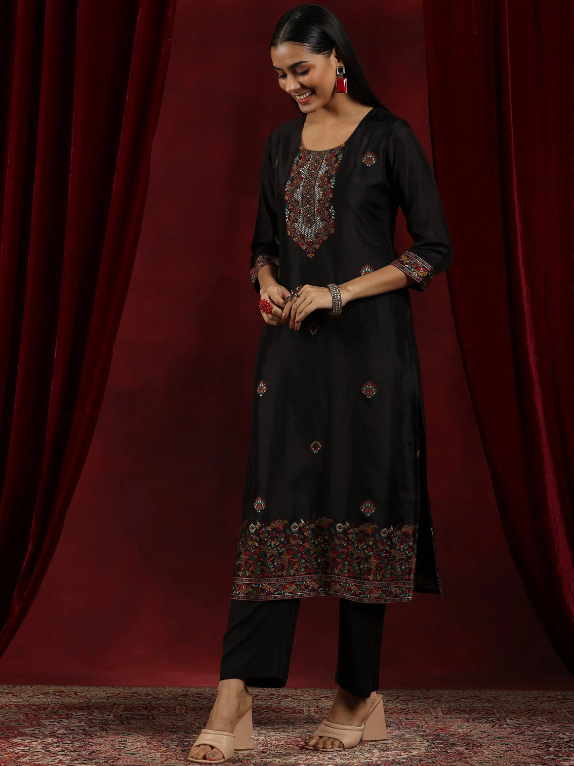 Mameraa Art Black Woven Design Silk Blend Straight Suit With Dupatta