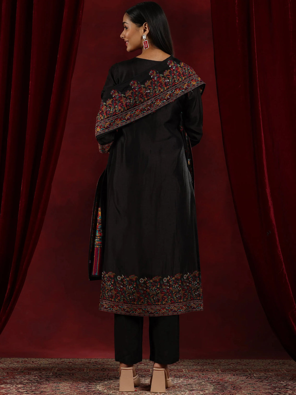 Mameraa Art Black Woven Design Silk Blend Straight Suit With Dupatta
